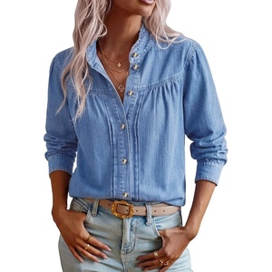 image:imageSidefeel Womens Denim Shirt Button Down Long Sleeve Jean Blouses TopsLight Blue