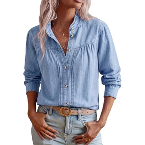 image:imageSidefeel Womens Denim Shirt Button Down Long Sleeve Jean Blouses TopsSky Blue