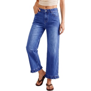 image:imageSidefeel Womens High Waist Straight Leg Jeans Ruffle Hem Denim PantsDark Blue