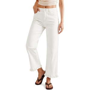 image:imageSidefeel Womens High Waist Straight Leg Jeans Ruffle Hem Denim PantsWhite