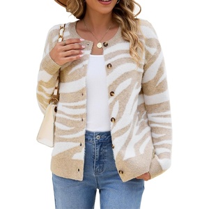 image:imageSidefeel Womens Long Sleeve Crewneck Animal Print Cardigans SweatersApricot