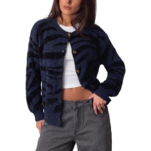 image:imageSidefeel Womens Long Sleeve Crewneck Animal Print Cardigans SweatersBlue