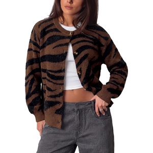 image:imageSidefeel Womens Long Sleeve Crewneck Animal Print Cardigans SweatersBrown