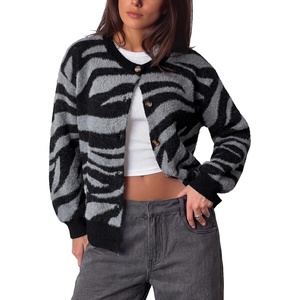 image:imageSidefeel Womens Long Sleeve Crewneck Animal Print Cardigans SweatersGray