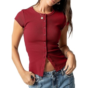 image:imageSidefeel Womens Ribbed Short Sleeve Top Button Down Slim Fit TopsBurgundy