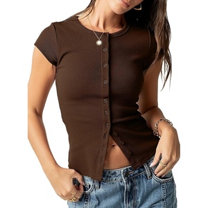 image:imageSidefeel Womens Ribbed Short Sleeve Top Button Down Slim Fit TopsChicory Coffee