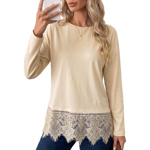 image:imageSidefeel Womens Shirts Long Sleeve Crewneck Lace Trim Stretch TopsApricot