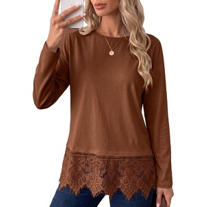 image:imageSidefeel Womens Shirts Long Sleeve Crewneck Lace Trim Stretch TopsBrown
