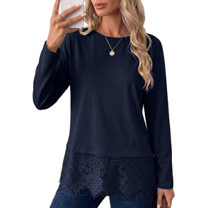 image:imageSidefeel Womens Shirts Long Sleeve Crewneck Lace Trim Stretch TopsNavy Blue