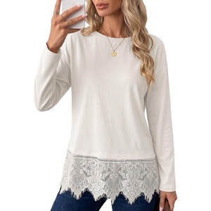 image:imageSidefeel Womens Shirts Long Sleeve Crewneck Lace Trim Stretch TopsWhite