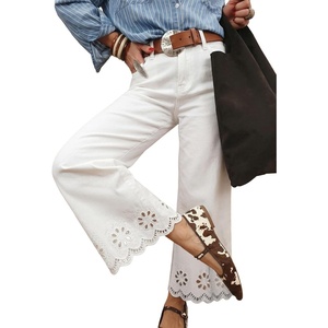 image:imageSidefeel Womens Wide Leg Embroidered Jeans Stretchy Denim PantsWhite