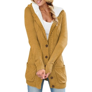 image:imageSidefeel Womens Cable Knit Fleece Lined Hood Cardigan SweatersHooded Khaki