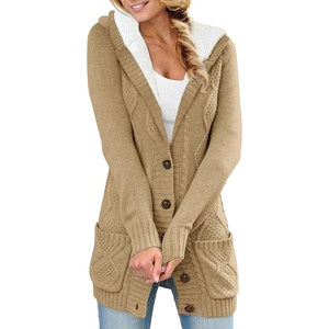 image:imageSidefeel Womens Cable Knit Fleece Lined Hood Cardigan SweatersHooded Light Khaki