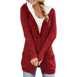 image:imageSidefeel Womens Cable Knit Fleece Lined Hood Cardigan SweatersHooded Red