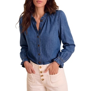 image:imageSidefeel Womens Ruffle Button Down Denim ShirtsDark Blue