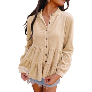 image:imageSidefeel Womens Ruffle Tiered Hem Button Down Shirts Babydoll BlousesApricot