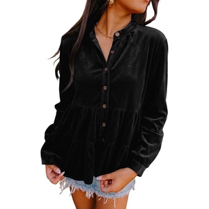image:imageSidefeel Womens Ruffle Tiered Hem Button Down Shirts Babydoll BlousesBlack