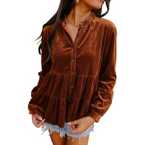 image:imageSidefeel Womens Ruffle Tiered Hem Button Down Shirts Babydoll BlousesBrown