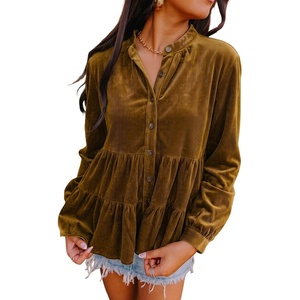 image:imageSidefeel Womens Ruffle Tiered Hem Button Down Shirts Babydoll BlousesKhaki