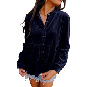 image:imageSidefeel Womens Ruffle Tiered Hem Button Down Shirts Babydoll BlousesNavy Blue