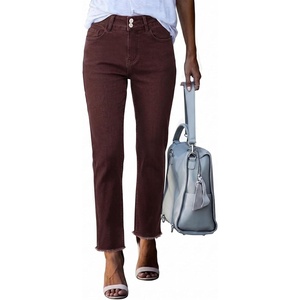 image:imageSidefeel Womens High Waisted Raw Hem Straight Leg JeansChicory Coffee
