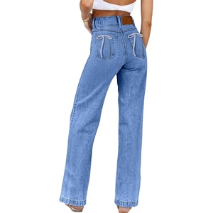 image:imageSidefeel Womens Jeans High Waisted Straight Leg Stretchy Y2K Ribbon Bowknot Loose Wide Leg Denim Pants Sky Blue Size 18