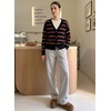 image:imageSidefeel Womens Striped Cropped Button Down Cardigan SweatersBlack