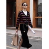 image:imageSidefeel Womens Striped Cropped Button Down Cardigan SweatersBlack