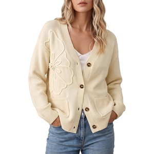 image:imageSidefeel Womens 3D Floral Long Sleeve V Neck Open Front Cardigan SweatersApricot
