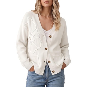 image:imageSidefeel Womens 3D Floral Long Sleeve V Neck Open Front Cardigan SweatersCream White