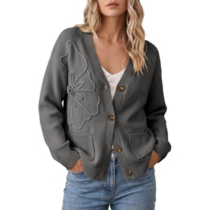 image:imageSidefeel Womens 3D Floral Long Sleeve V Neck Open Front Cardigan SweatersDark Grey