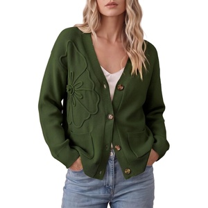 image:imageSidefeel Womens 3D Floral Long Sleeve V Neck Open Front Cardigan SweatersGreen