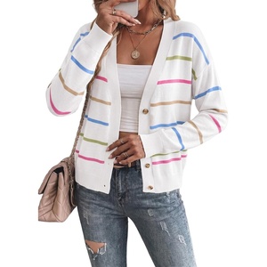 image:imageSidefeel Womens Striped Cropped Button Down Cardigan SweatersA White