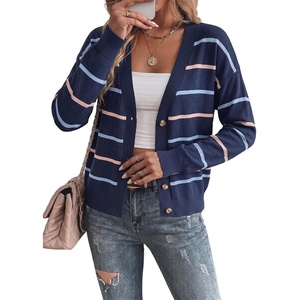 image:imageSidefeel Womens Striped Cropped Button Down Cardigan SweatersBlue