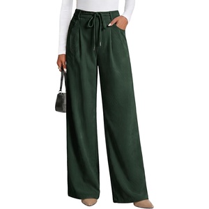 image:imageSidefeel Corduroy Pants Women Wide Leg High Waisted Drawstring Baggy PantsDark Forest Green