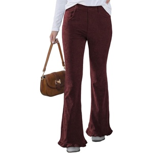 image:imageSidefeel Womens High Waisted Ruffle Flare Corduroy PantsBurgundy