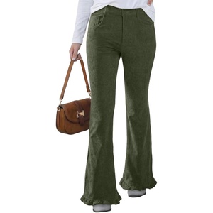 image:imageSidefeel Womens High Waisted Ruffle Flare Corduroy PantsGreen