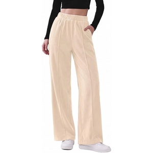 image:imageSidefeel Womens Wide Leg Corduroy Pants High Waitsed Elastic Waist TrousersBeige