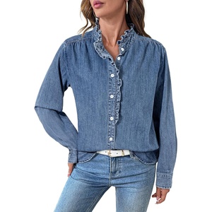 image:imageSidefeel Womens Button Ruffled Edge Dressy Denim Shirt TopsWashing Blue