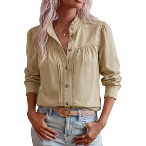 image:imageSidefeel Womens Denim Shirt Button Down Long Sleeve Jean Blouses TopsKhaki