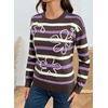 image:imageSidefeel Womens 3D Floral Long Sleeve Crewneck Striped SweatersCoffee Stripe