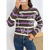image:imageSidefeel Womens 3D Floral Long Sleeve Crewneck Striped SweatersCoffee Stripe