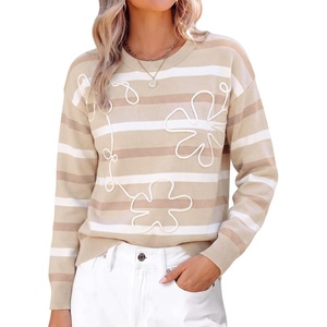image:imageSidefeel Womens 3D Floral Long Sleeve Crewneck Striped SweatersApricot Stripe