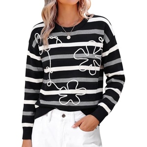 image:imageSidefeel Womens 3D Floral Long Sleeve Crewneck Striped SweatersBlack Stripe