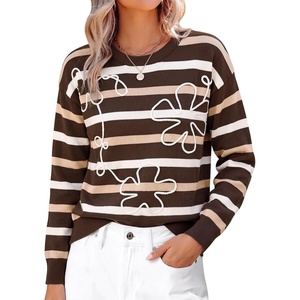 image:imageSidefeel Womens 3D Floral Long Sleeve Crewneck Striped SweatersBrown Stripe