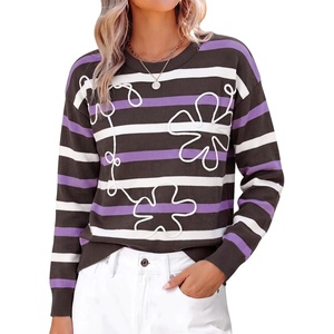 image:imageSidefeel Womens 3D Floral Long Sleeve Crewneck Striped SweatersCoffee Stripe