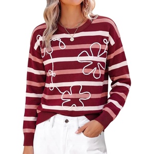 image:imageSidefeel Womens 3D Floral Long Sleeve Crewneck Striped SweatersRed Stripe