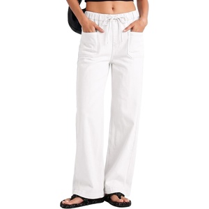 image:imageSidefeel Womens Jeans High Waisted Elastic Straight Leg Stretchy Drawstring Trendy Wide Leg Loose Pull On Denim PantsCream White