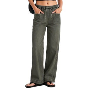 image:imageSidefeel Womens Jeans High Waisted Elastic Straight Leg Stretchy Drawstring Trendy Wide Leg Loose Pull On Denim PantsGreen