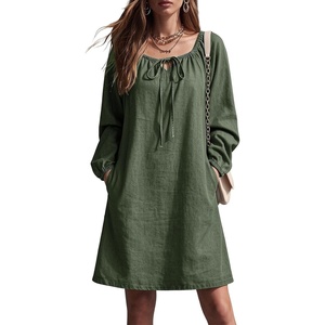 image:imageSidefeel Womens Long Sleeve Drawstring Boat Neck Mini Denim DressGreen